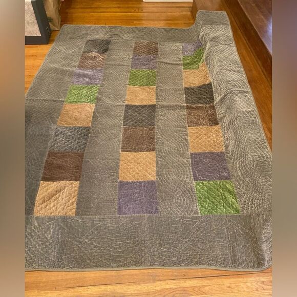 POTTERY BARN Velvet Patchwork Quilt Brown Multi Vintage 100% Cotton Velvet 68x94 - Picture 1 of 14